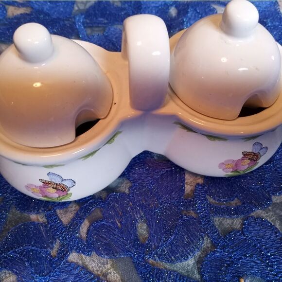 Houston Harvest ~ Hallmark Dual Condiment Jam/Jelly Ceramic Pots No Spoons - Picture 1 of 10